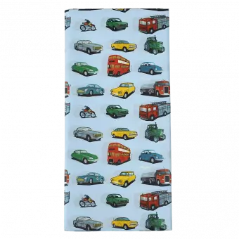 Tissue paper sheets with print of classic cars and other vehicles