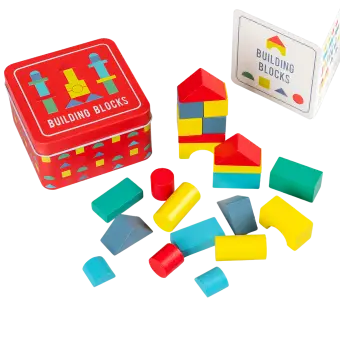 Wooden Building Blocks In A Tin
