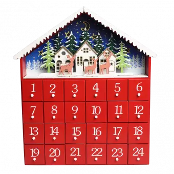 Red House Wooden Advent Calendar With Led Lights