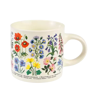 Ceramic mug in white with print of wild flowers