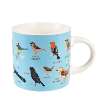 Ceramic mug in light blue and white with print of various garden birds