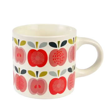 Ceramic mug in white with vintage style print of apples