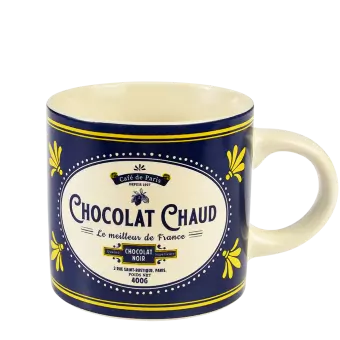 Ceramic mug in white with retro style Parisian cafe branding