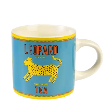 Ceramic mug in white with retro style Leopard Tea branding