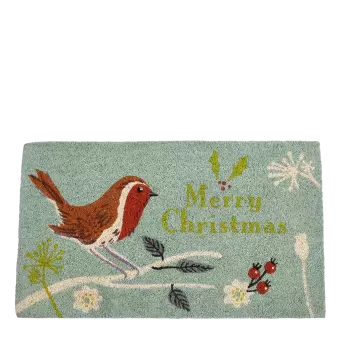 Coir doormat with Christmas print featuring robin perched on tree branch