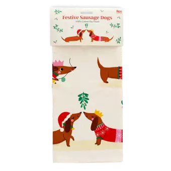 festive sausage dog cotton tea towel