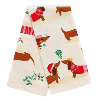 festive sausage dog cotton tea towel