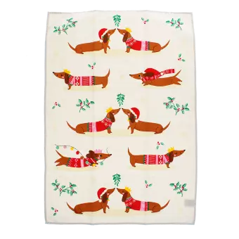 festive sausage dog cotton tea towel