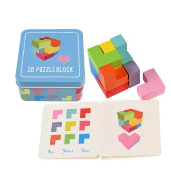 Wooden 3D puzzle in a tin
