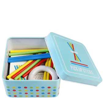 Wooden pick up sticks in a tin