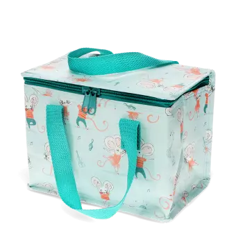 Pale aqua lunch bag with print of dancing mouse characters Mimi and Milo