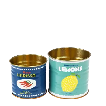 Mini metal storage tins in blue and teal with Moroccan lemons and Rose harissa branding