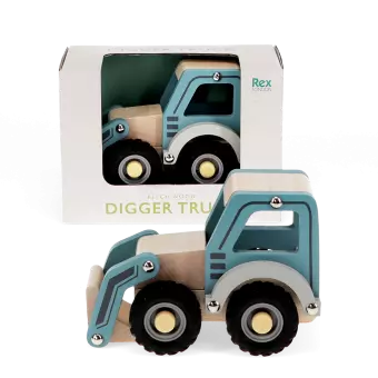Wooden push along vehicle toy - Digger truck (blue)