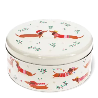 Festive sausage dog cake tin