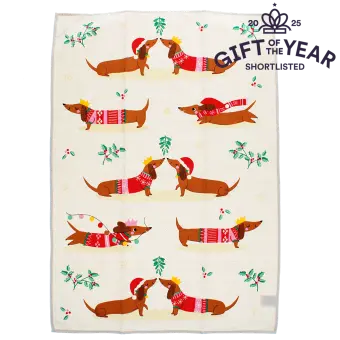 Cotton tea towel - Festive Sausage Dog