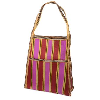 Recycled woven bag with side pocket - Yellow, pink, red