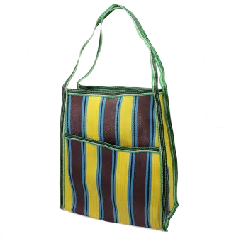 Recycled woven bag with side pocket - Brown, yellow, teal