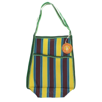 Recycled woven bag with side pocket - Brown, yellow, teal