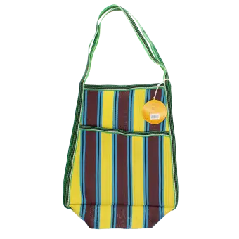 Recycled woven bag with side pocket - Brown, yellow, teal