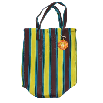 Recycled woven shopping bag - Brown, yellow, teal