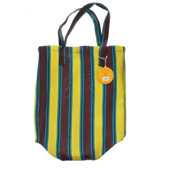 Recycled woven shopping bag - Brown, yellow, teal