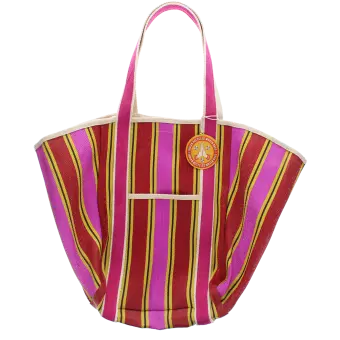 Recycled woven tote bag with canvas handles - Yellow, pink, red