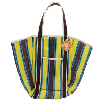 Recycled woven tote bag with canvas handles - Brown, yellow, teal