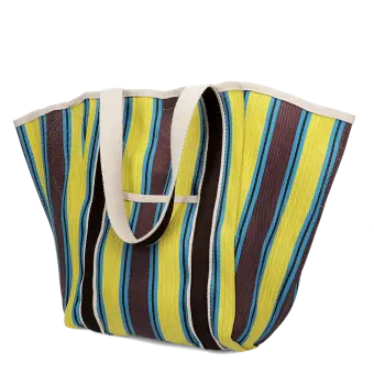 Recycled woven tote bag with canvas handles - Brown, yellow, teal