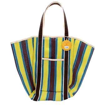 Recycled woven tote bag with canvas handles - Brown, yellow, teal