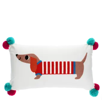 Embroidered cushion with pom poms - Sausage dog