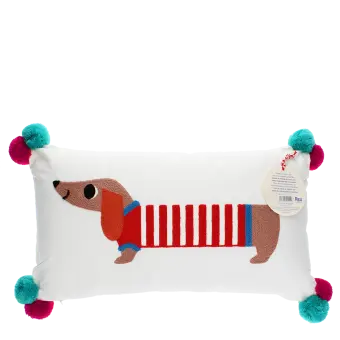 Embroidered cushion with pom poms - Sausage dog