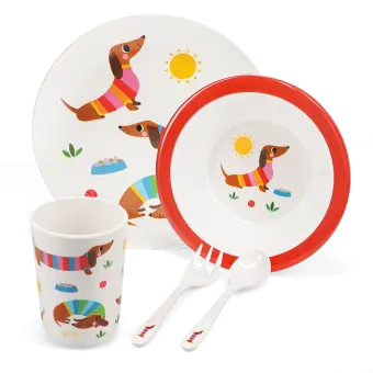 Children's melamine dinner set (5 pieces) - Sunny Sausage Dog