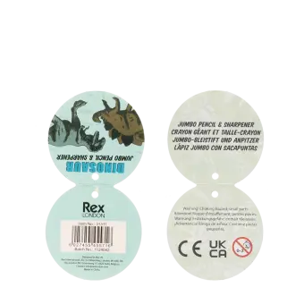 dinosaur pencil tag showing safety warning in multilingual