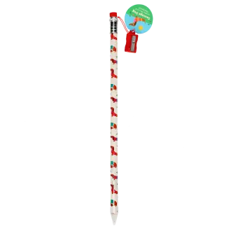 sausage dog printed pencil with red sharpener and a tag