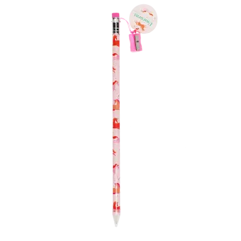 Unicorn printed pencil with pink sharpener and a tag