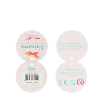 Unicorn pencil tag with printed safety warning in multilingual