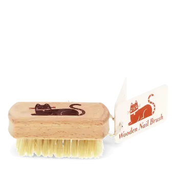 Wooden nail brush with cat printed on the handle and a tag