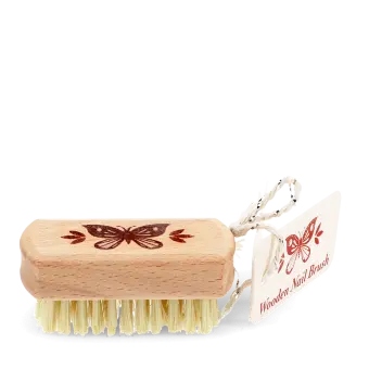 Wooden nail brush with butterfly printed on the handle and a tag