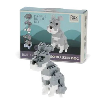 build your own Schnauzer dog kit with completed gray and white dog along with the product box