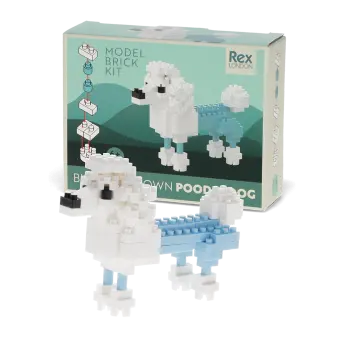 completed white and light blue poodle brick model alongside the packaging
