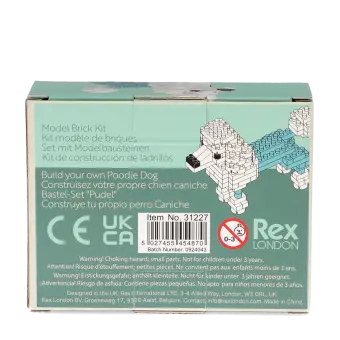 Back of build your own poodle kit packaging, showing multilingual product descriptions and safety warnings