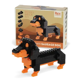 completed sausage dog model kit alongside the packaging