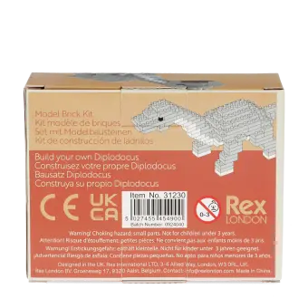 Back of model brick kit packaging, showing multilingual product descriptions and safety warnings