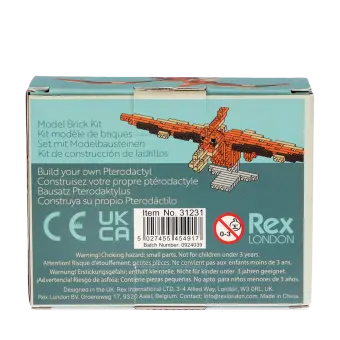 Back of model kit packaging, showing multilingual product descriptions and safety warnings