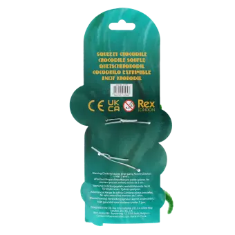 Back of Squeezy Crocodile toy packaging with multilingual safety warning