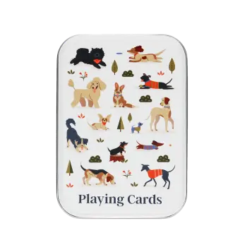 Playing cards with colourful illustrations of dogs printed on a metal tin