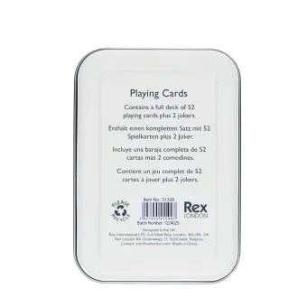 back of playing cards tin with multilingual descriptions