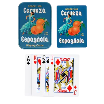 Cerveza Española printed playing card with metal tin box