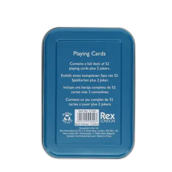 back of playing cards tin with multilingual descriptions 