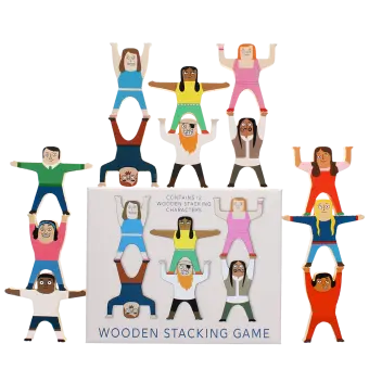 stacked 12 wooden characters around the product box
